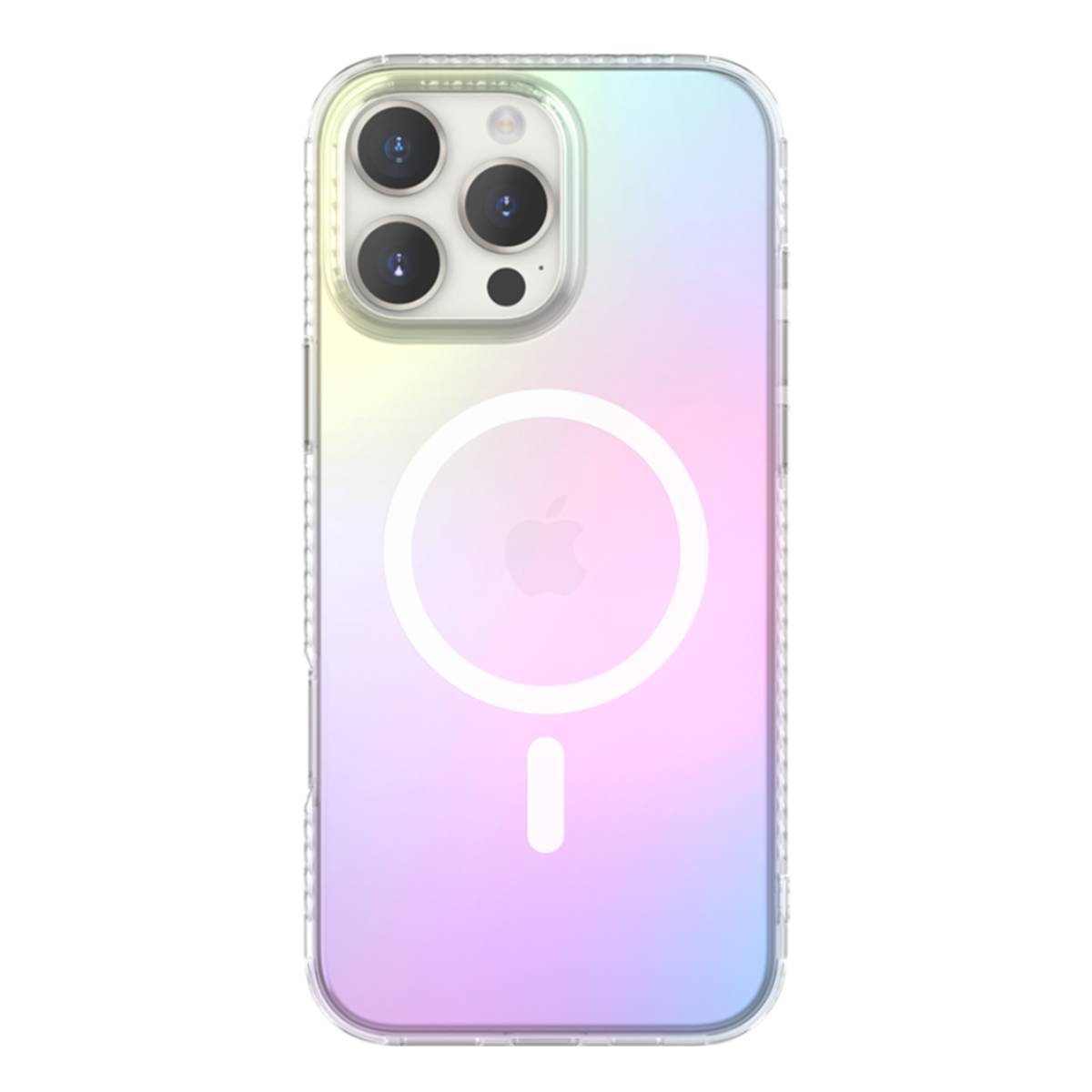 Custodia trasparente per telefono con un design sfumato. Il retro ha un cerchio bianco e il logo Apple.