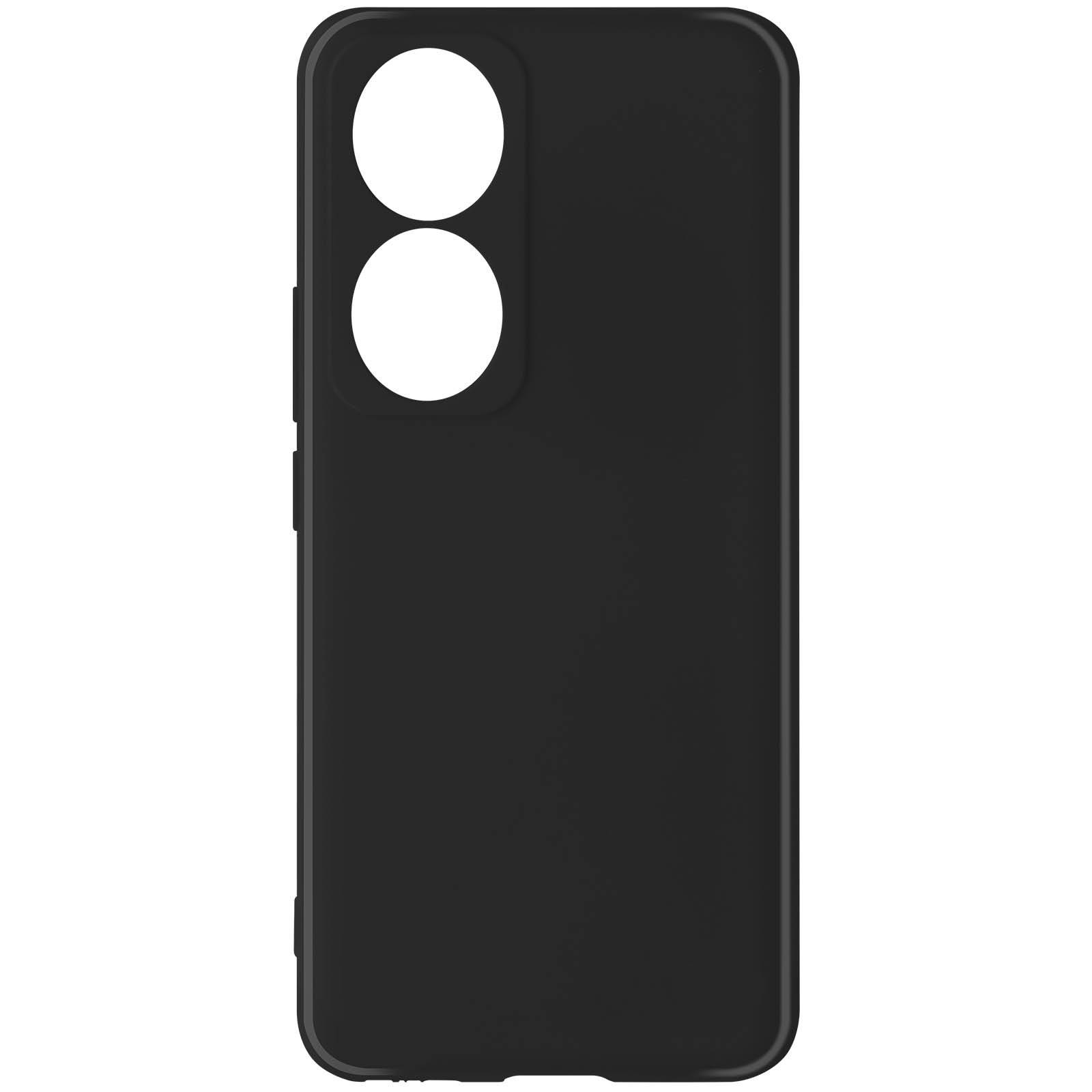 Een zwarte telefoonhoes met uitsparingen voor de camera. De hoes is zwart.