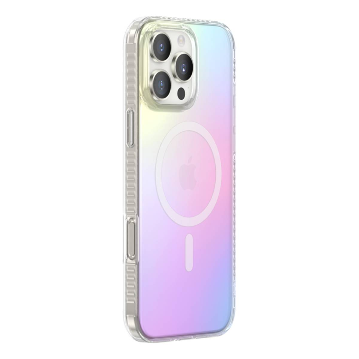 Custodia trasparente con colori sfumati. Il telefono ha tre lenti della fotocamera.