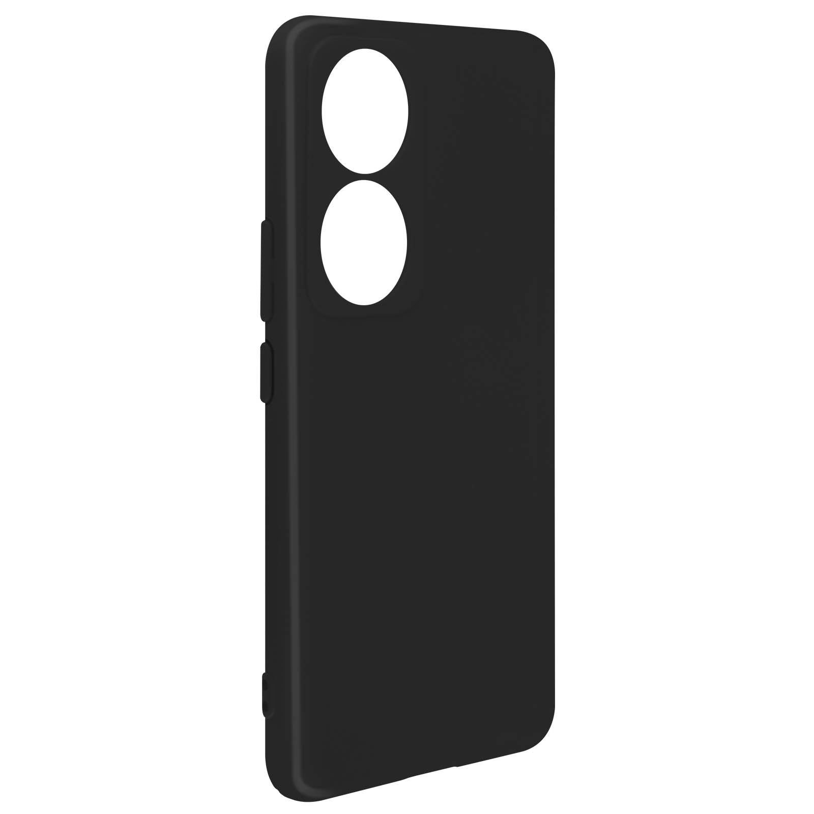 Zwarte telefoonhoes met twee camera-uitsparingen. De hoes op een witte achtergrond.