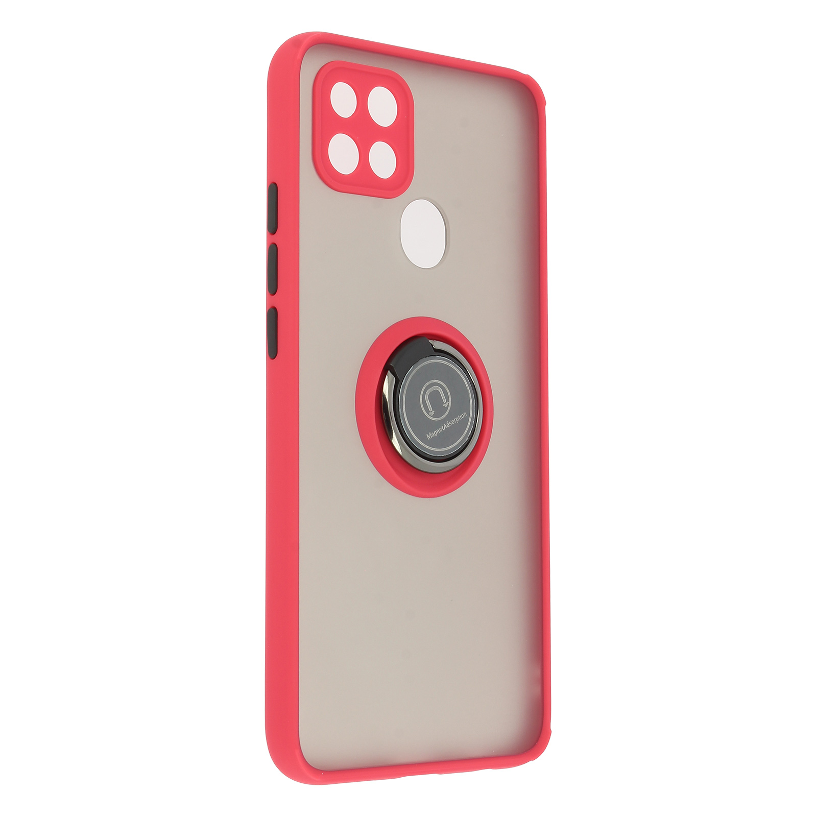 Custodia per telefono rossa e trasparente con supporto ad anello e quattro ritagli per fotocamera su sfondo azzurro.