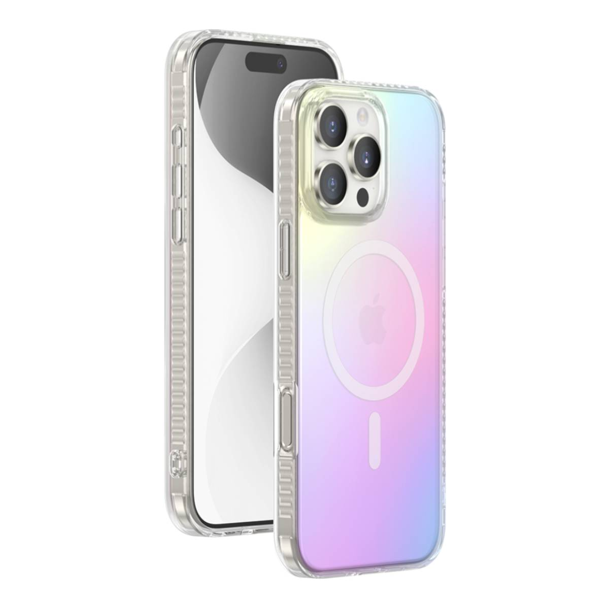 iPhone e una custodia per telefono. La custodia è trasparente con un design a gradiente colorato e un anello magnetico.