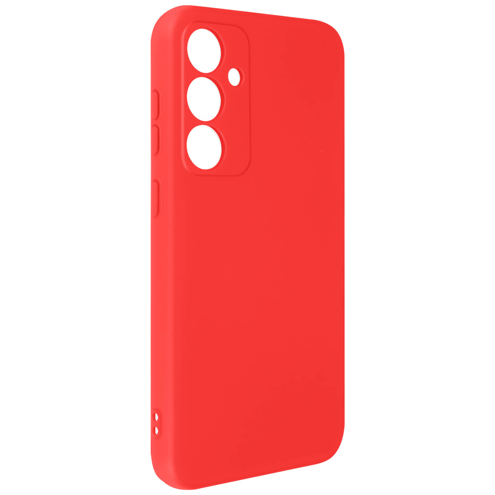 Custodia rossa per telefono. Sono visibili tre ritagli per le fotocamere. Sfondo bianco.