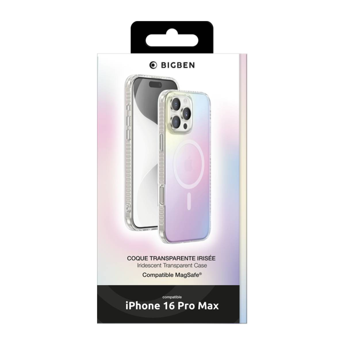 Confezione della custodia del telefono con una custodia trasparente e un'immagine del telefono. Dice 'iPhone 16 Pro Max'.