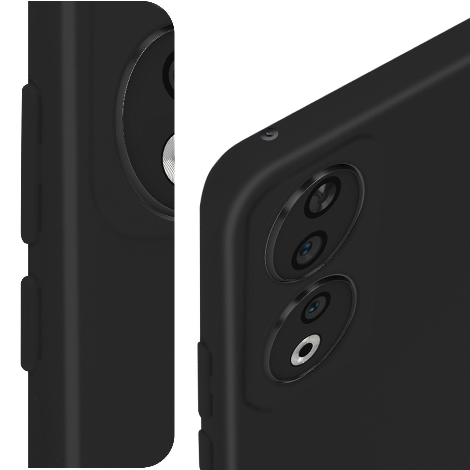 Zwarte telefoonhoes met cameralenzen. Zijkant en achterkant van de telefoonhoes.