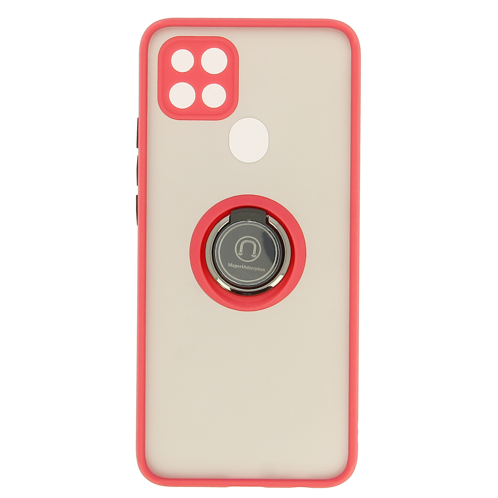 Una custodia rosa per telefono con un porta anello e un retro trasparente. Sfondo bianco.