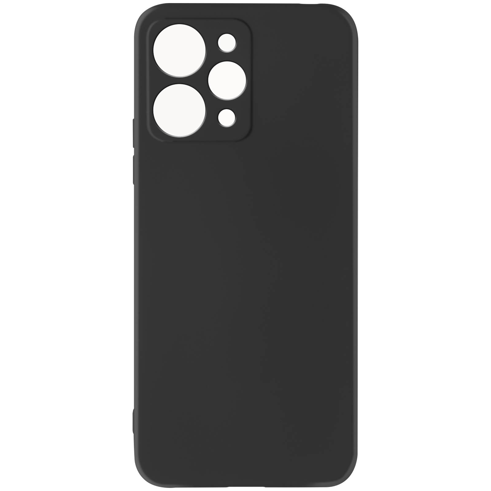 Custodia nera per telefono. L'area del modulo fotocamera ha ritagli per obiettivi e flash.