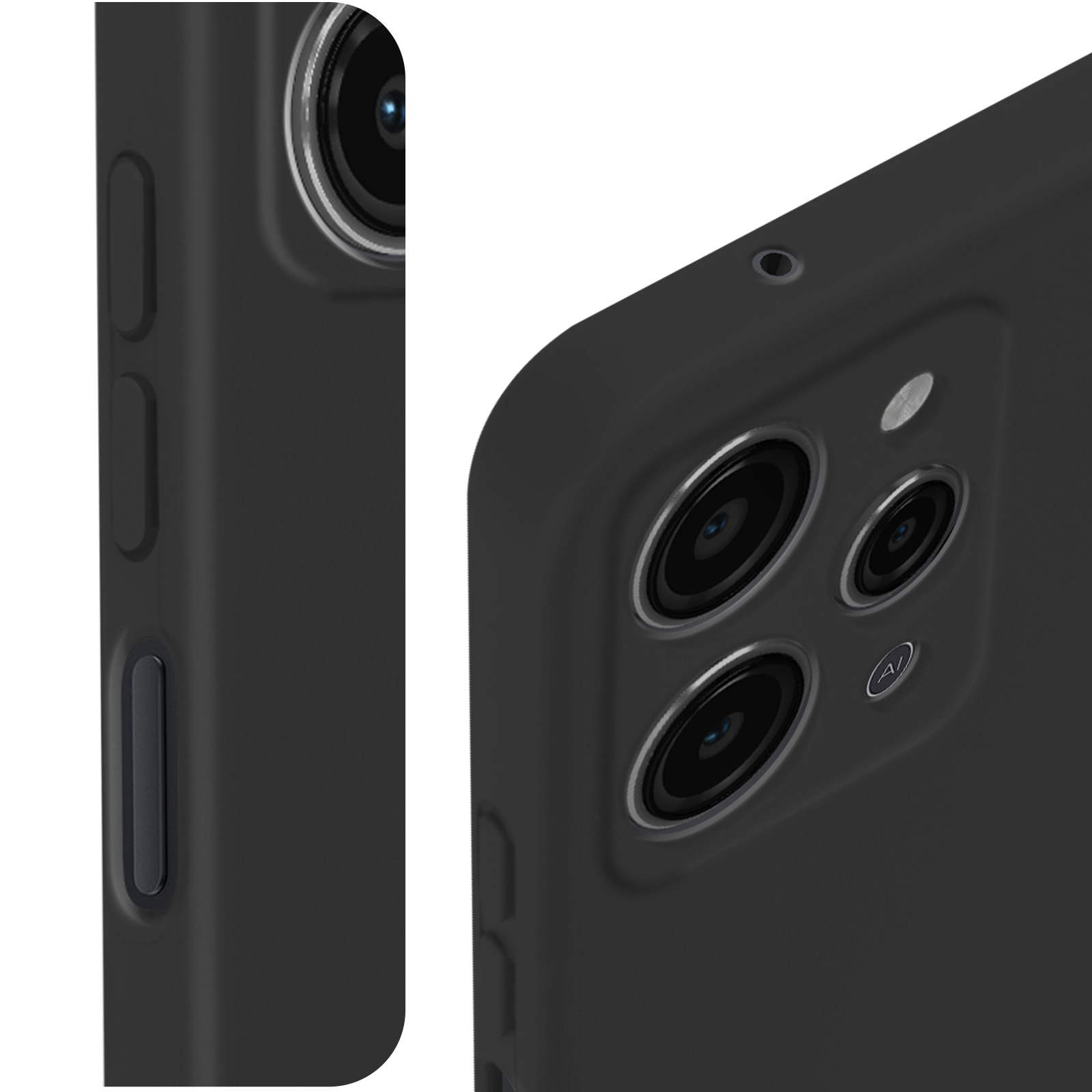 Primo piano della fotocamera e dei pulsanti del telefono. Il telefono è nero. Le lenti della fotocamera sono argentate.