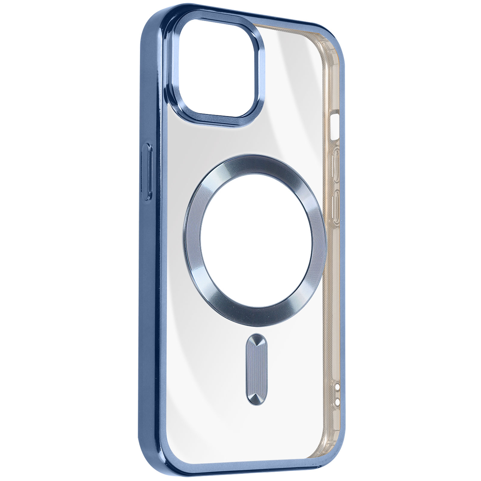 Una custodia trasparente per telefono con cornice blu e anello magnetico argentato.