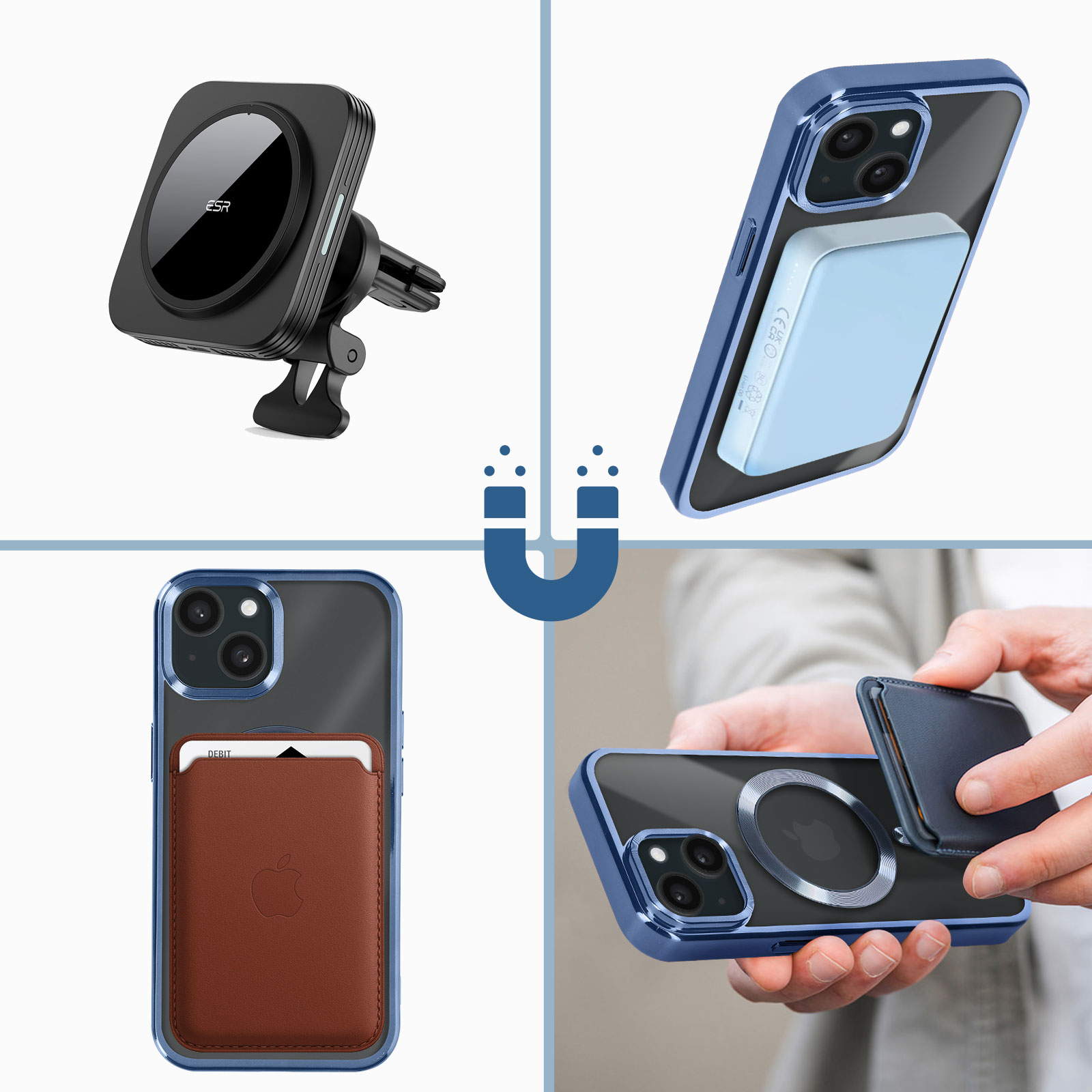 Collage di accessori per telefoni: supporto per auto, custodie e un portafoglio, tutto a tema magnetico.
