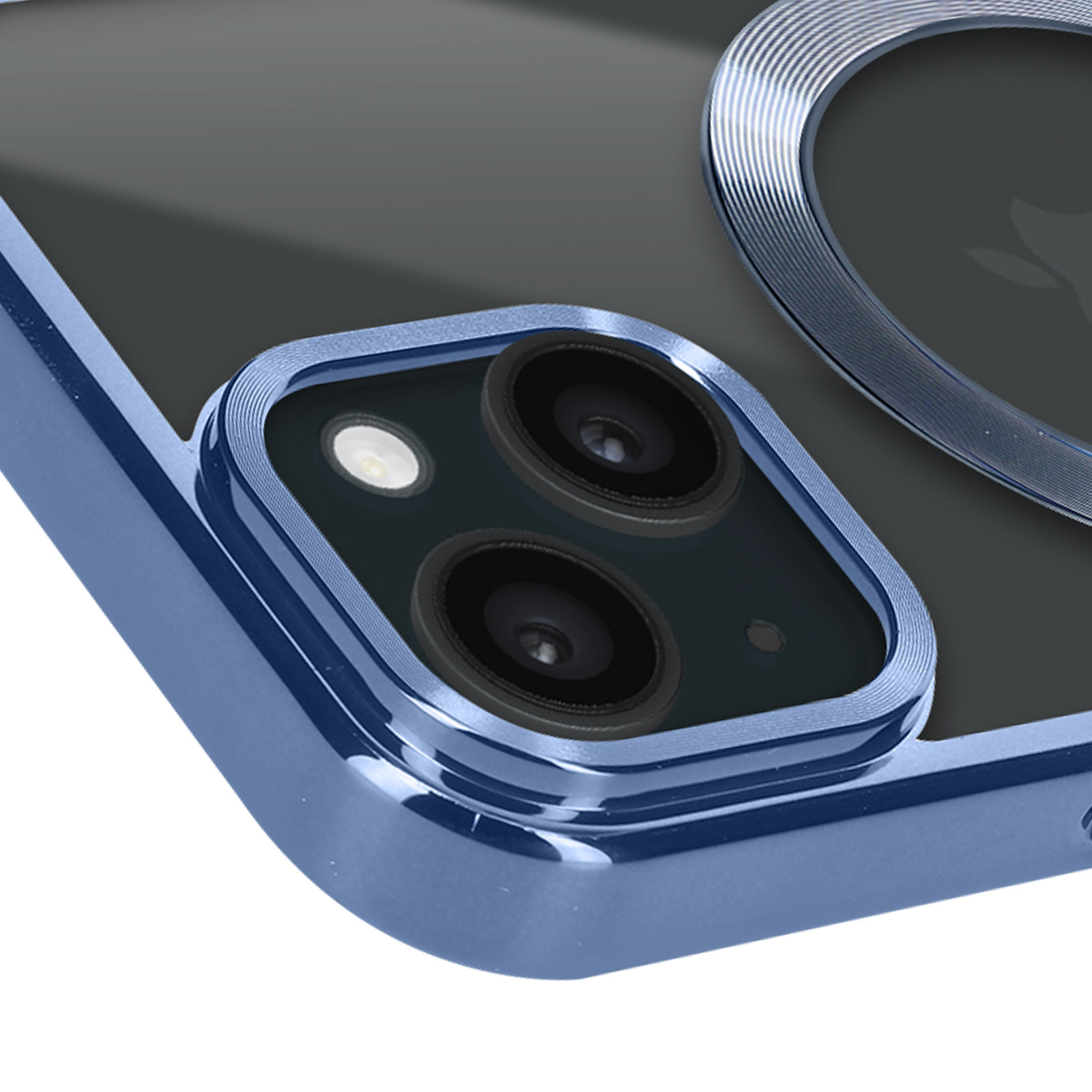 Custodia per telefono blu con ritaglio per la fotocamera. La custodia copre le lenti della fotocamera del telefono e ha una finitura lucida.