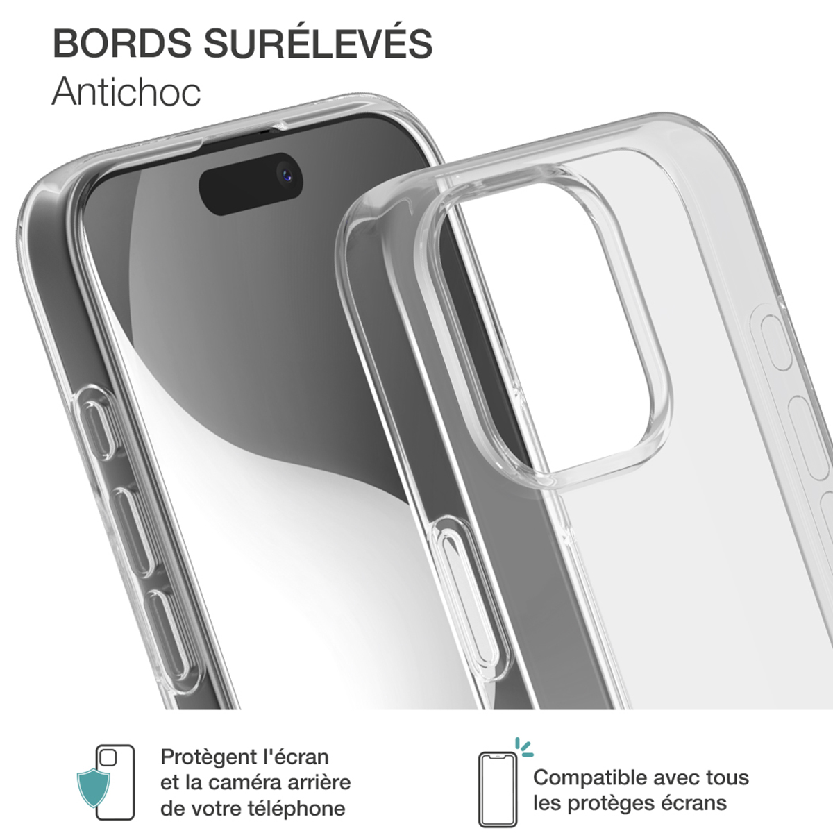 Custodia trasparente con testo e icone, che mostra la protezione dello schermo e della fotocamera.
