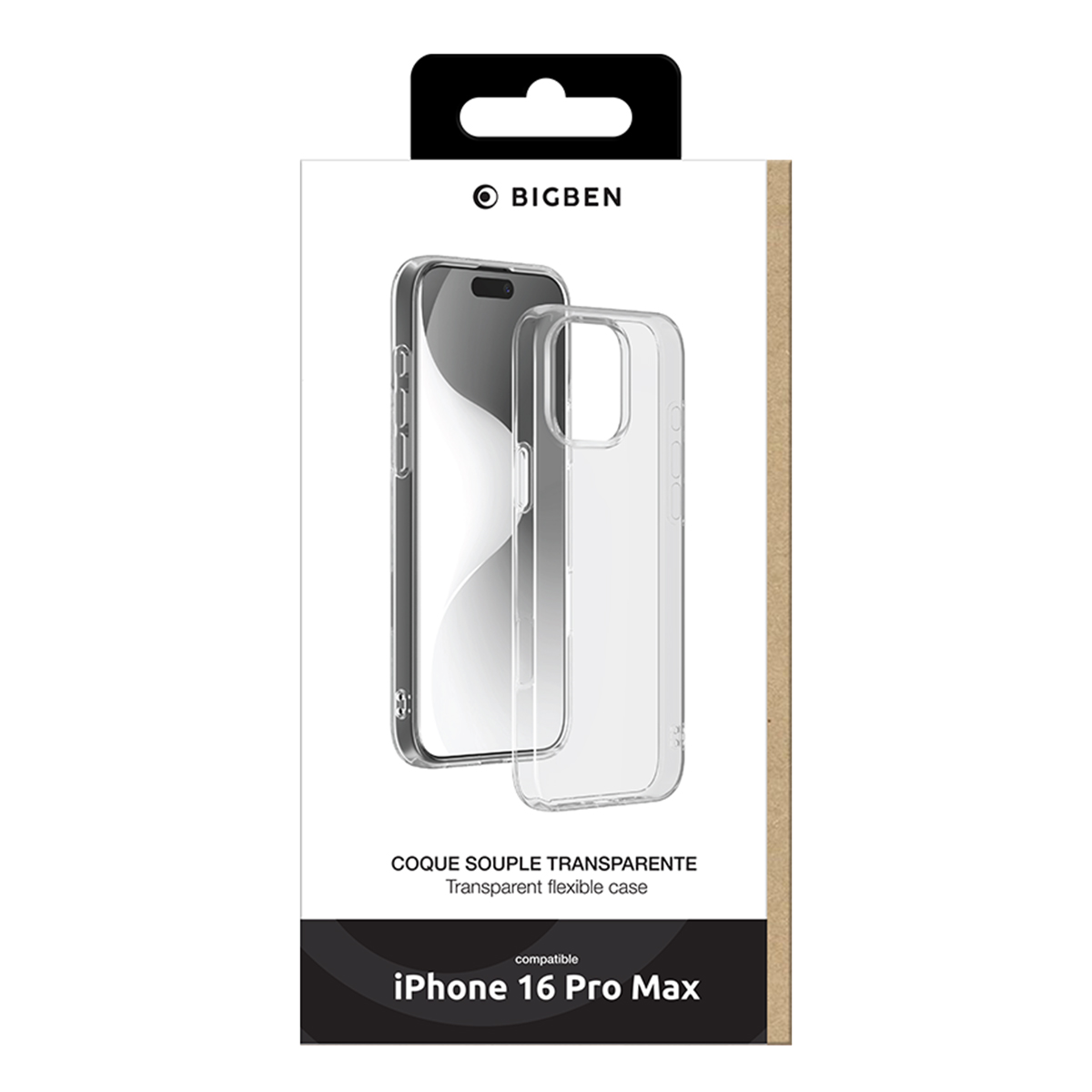 Un telefono e una custodia trasparente in una scatola, la scatola è etichettata iPhone 16 Pro Max.