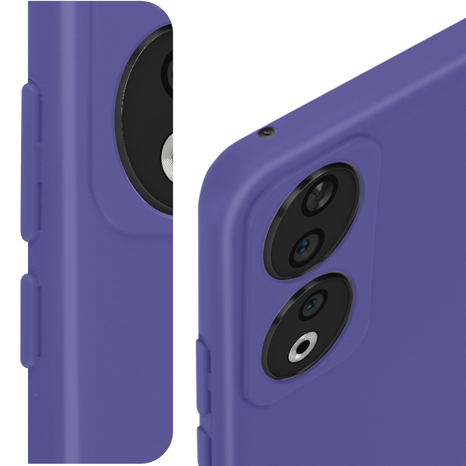 Custodia viola per telefono con due lenti della fotocamera. La custodia è su sfondo bianco.