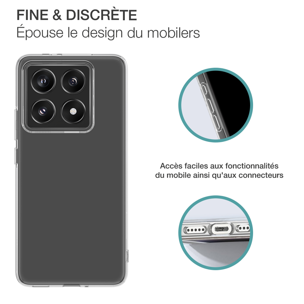 Custodia trasparente per telefono su bianco. Primo piano con icone. Testo in alto.