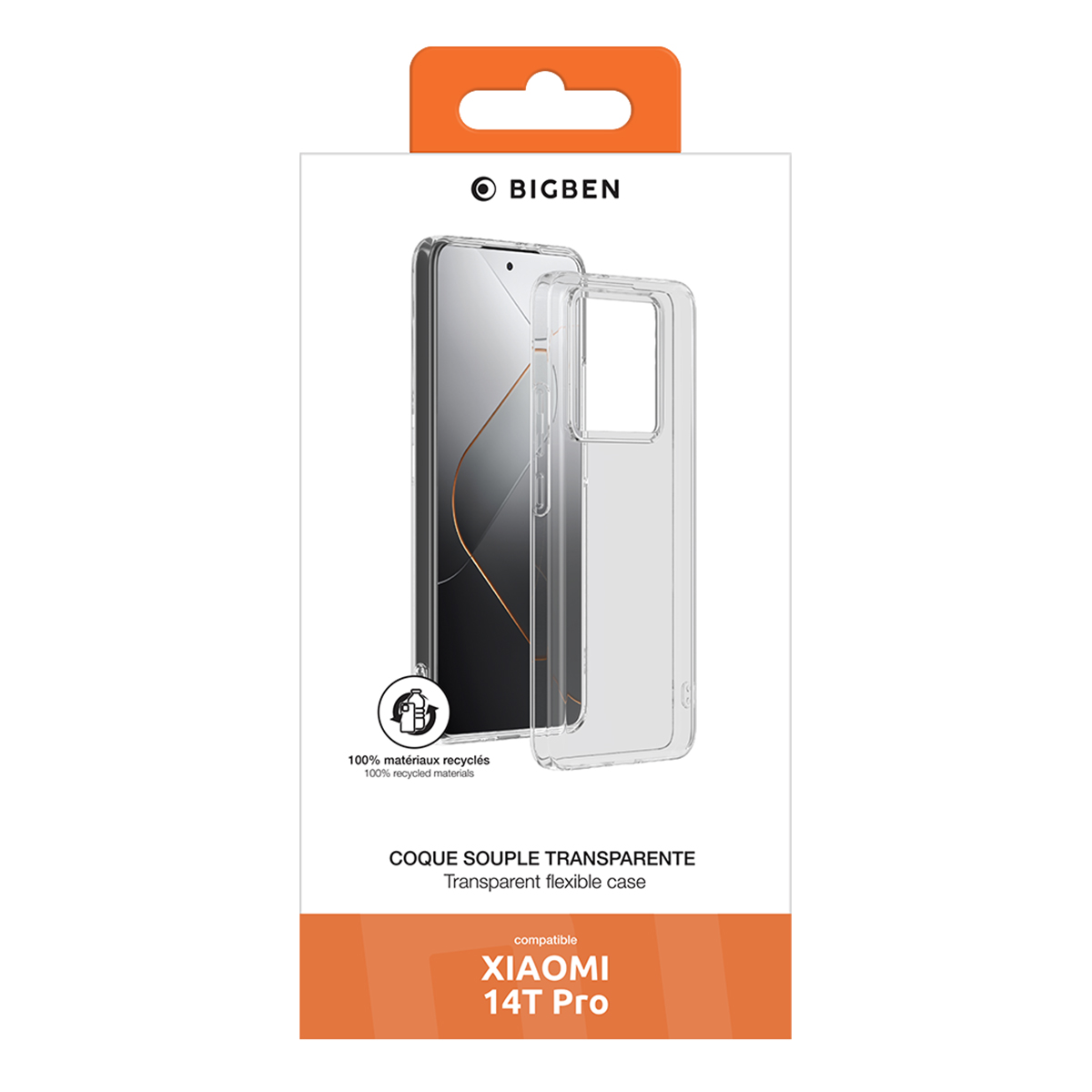 Scatola con una custodia trasparente, con un telefono all'interno. Il marchio è BIGBEN. Compatibile con Xiaomi 14T Pro.