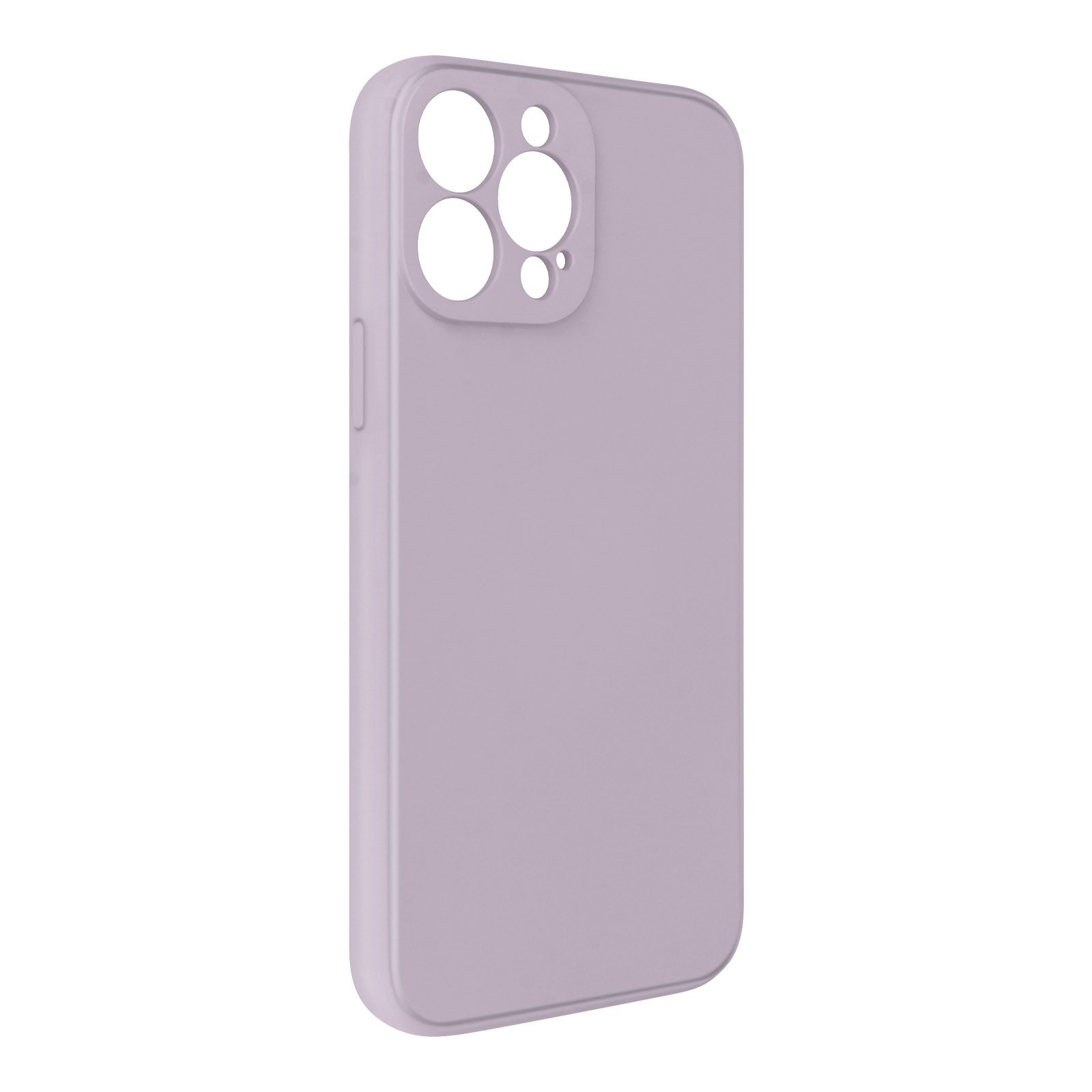 Una custodia per telefono color lavanda, con fori per la fotocamera e i pulsanti. La custodia è liscia e semplice.