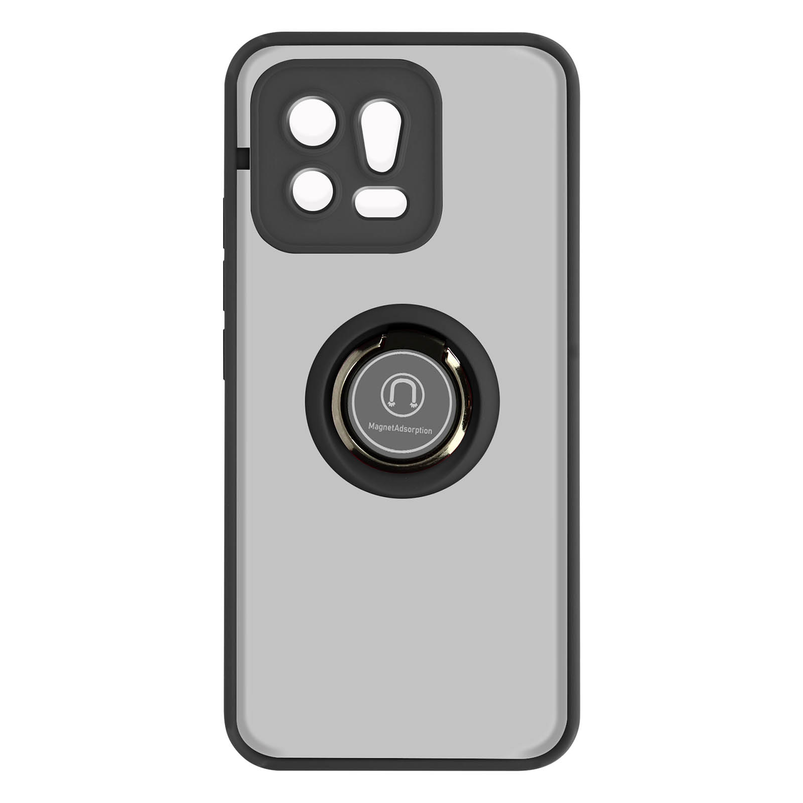 Custodia per telefono nera con un portaanello. Lo sfondo è grigio chiaro. La custodia ha ritagli.