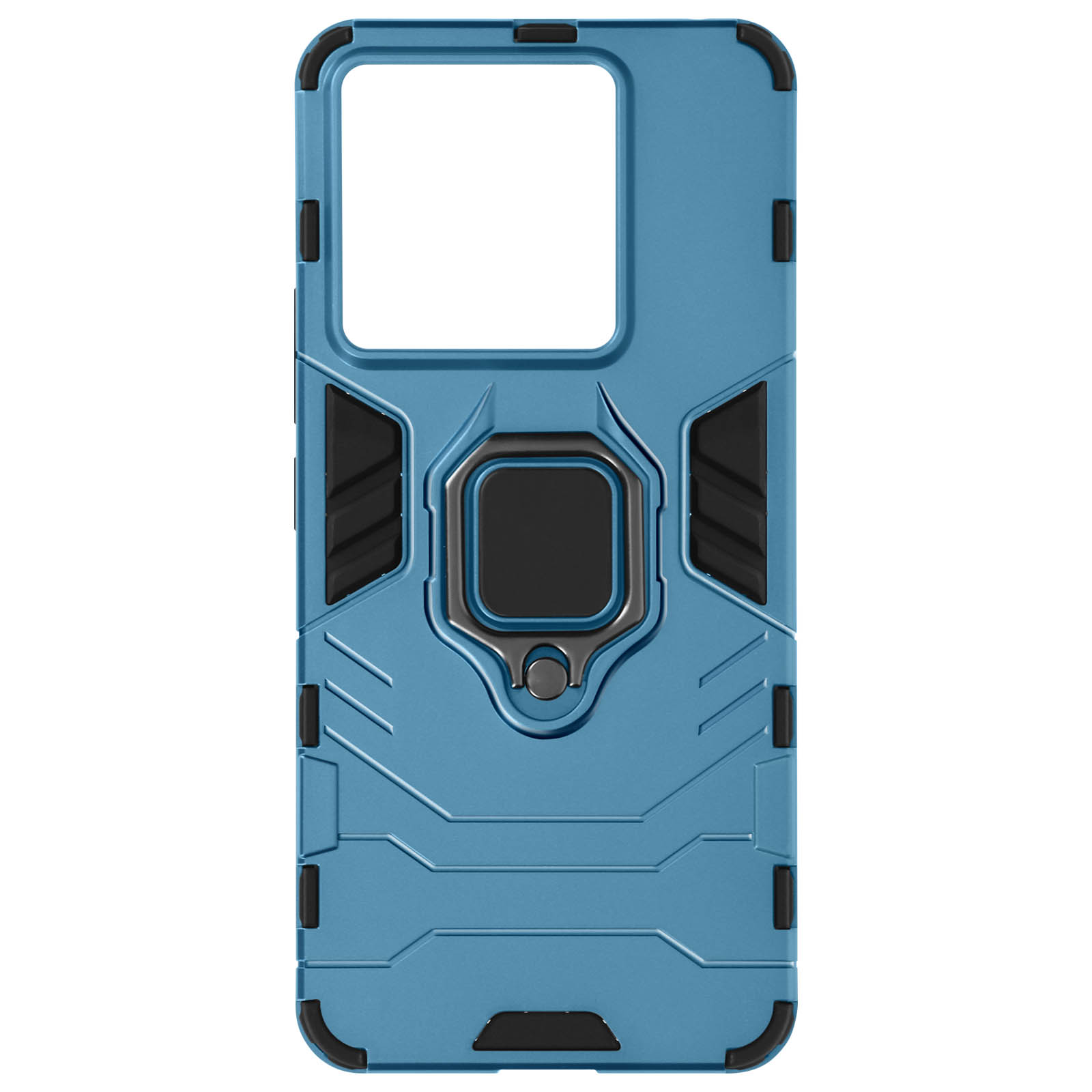 Custodia blu per telefono con supporto ad anello nero. La custodia ha un design a coste. Il supporto ad anello è al centro.