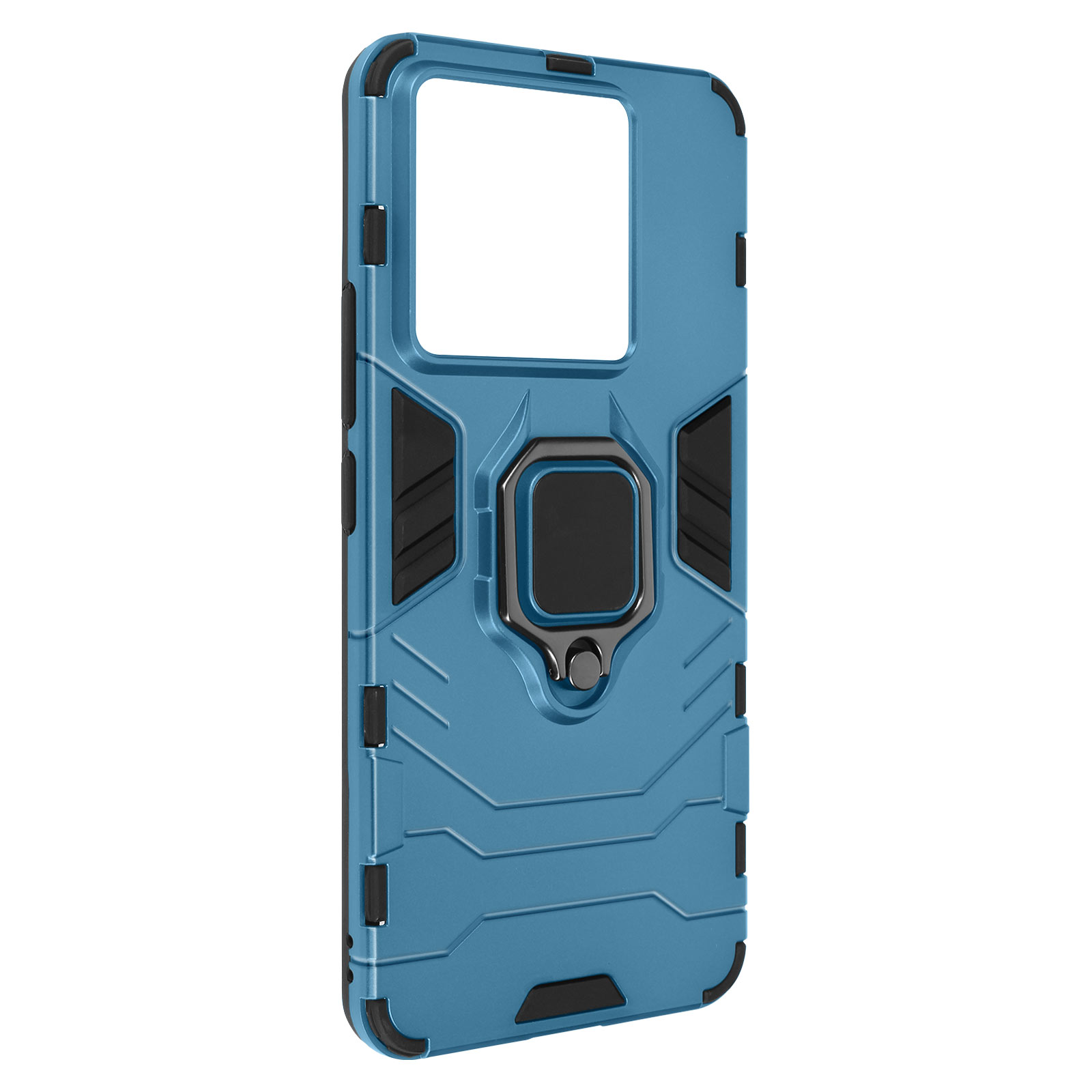 Custodia per telefono blu con anello di supporto. Accenti neri, design geometrico. Il supporto ad anello è al centro.