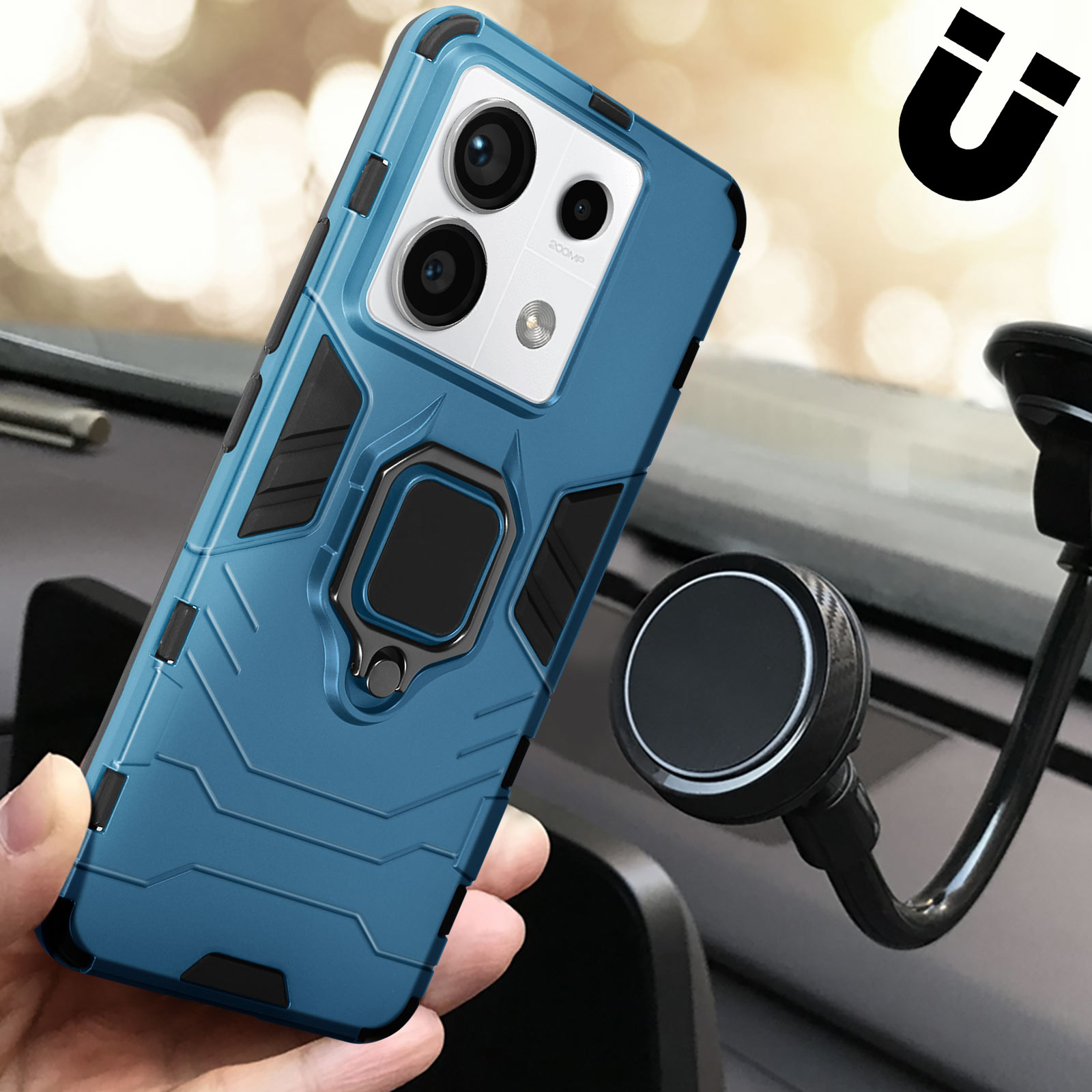 Custodia blu per telefono con anello. Il telefono è attaccato a un supporto per auto. Sfondo bianco.