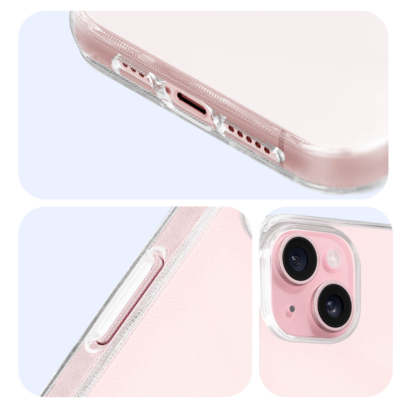 Dettagli della custodia rosa. Fotocamera, pulsanti e porta di ricarica visibili.