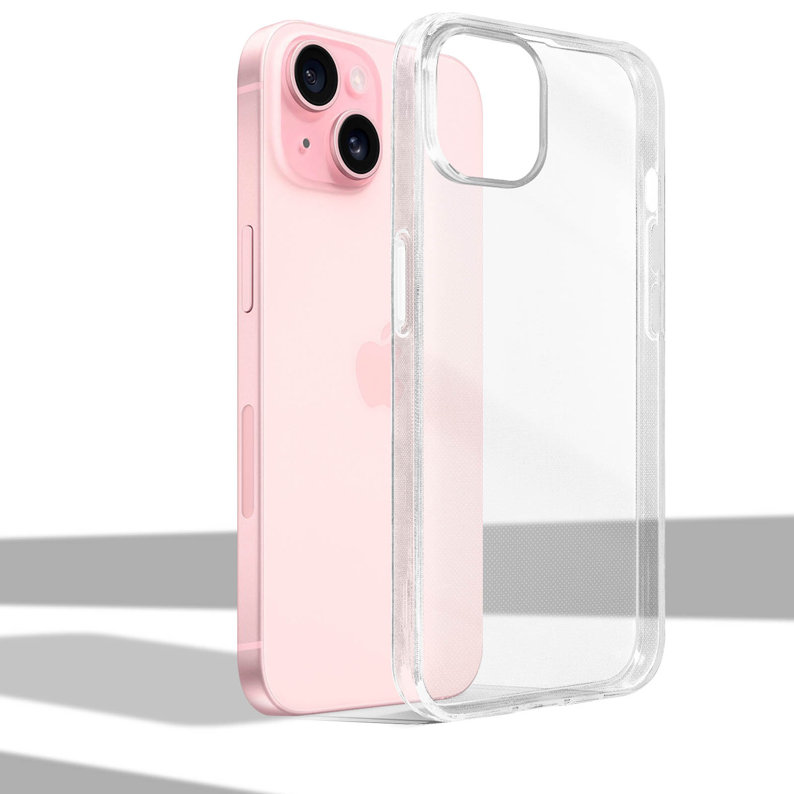 Telefono rosa e custodia trasparente. Il telefono ha due fotocamere. La custodia è trasparente.