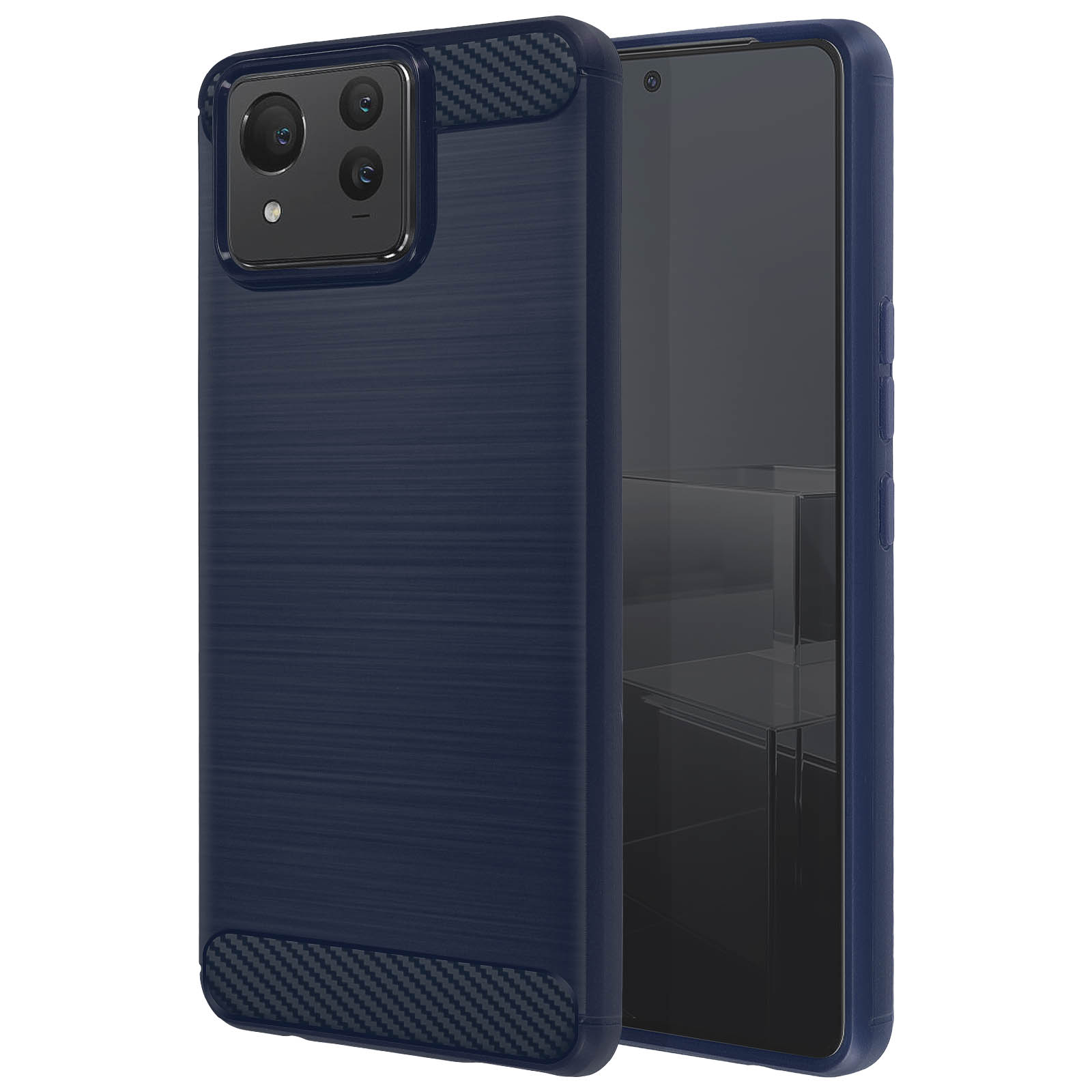 Funda azul marino para teléfono, detalles negros de fibra de carbono, cámaras, en ángulo, fondo negro, teléfono lateral.