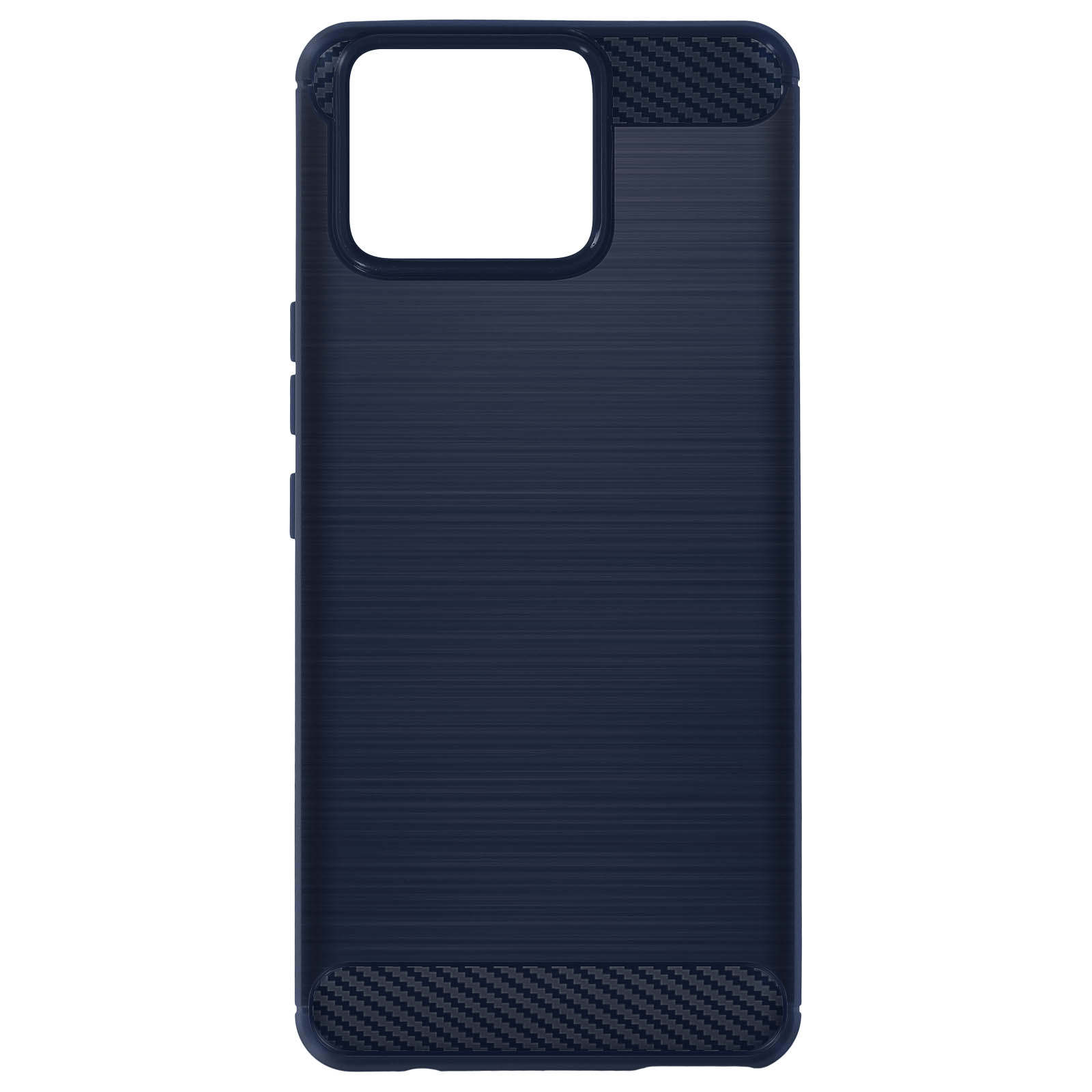 Una funda de teléfono azul con un diseño texturizado y un patrón de fibra de carbono en la parte superior e inferior.