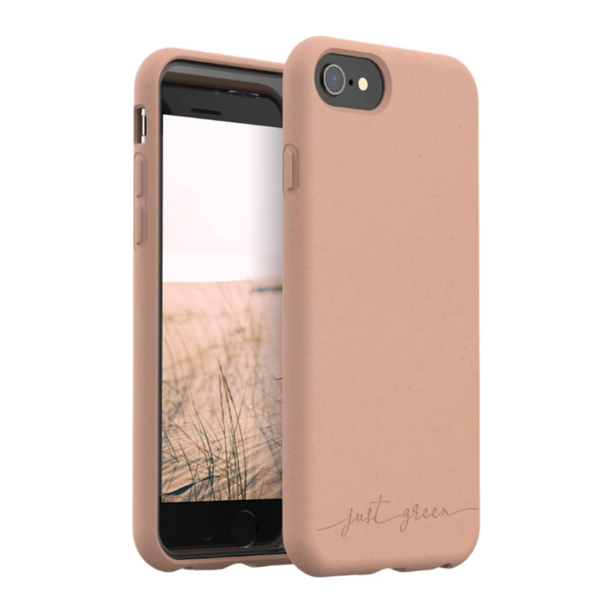 Una custodia rosa per telefono con un telefono all'interno. Le parole "just green" sono sulla custodia.