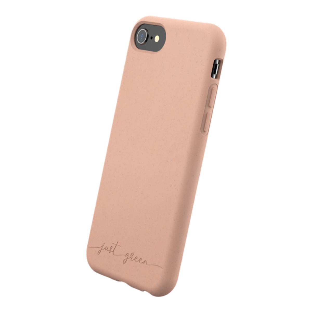 Una custodia per telefono color pesca con la scritta 'just green.' nella parte inferiore.