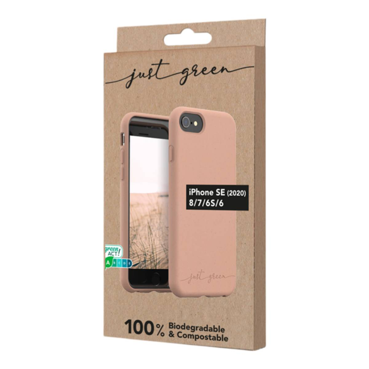 Custodia per telefono in una scatola di cartone. La custodia è color pesca. La scatola dice 'just green' e '100% Biodegradable'.