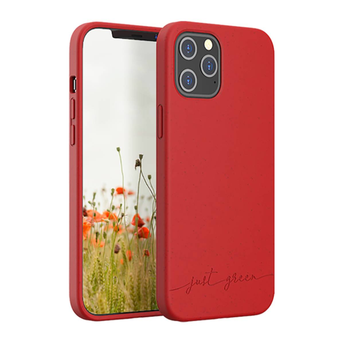 Custodia rossa per telefono con il marchio 'just green'. Il telefono è nella custodia.