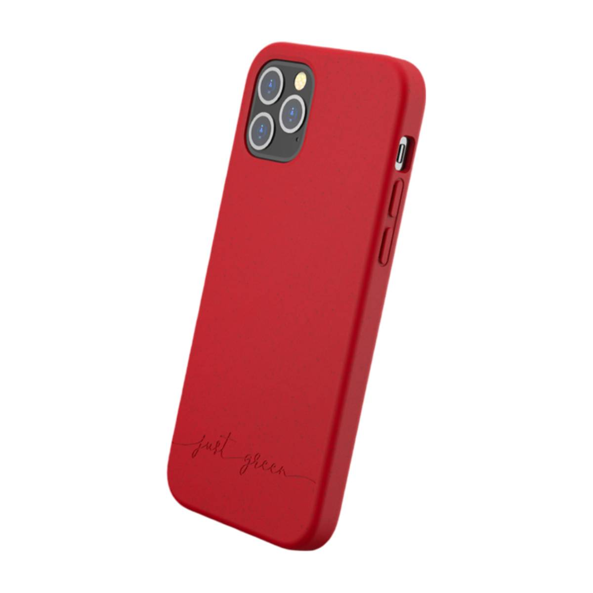 Una custodia per telefono rossa con le parole 'just green' scritte sopra. Sono visibili quattro lenti della fotocamera.