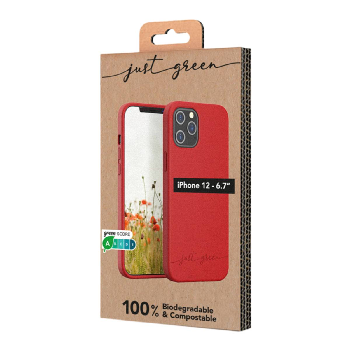 Scatola con una custodia rossa e un telefono all'interno. C'è scritto 'just green' sulla scatola e 'Biodegradable & Compostable'.