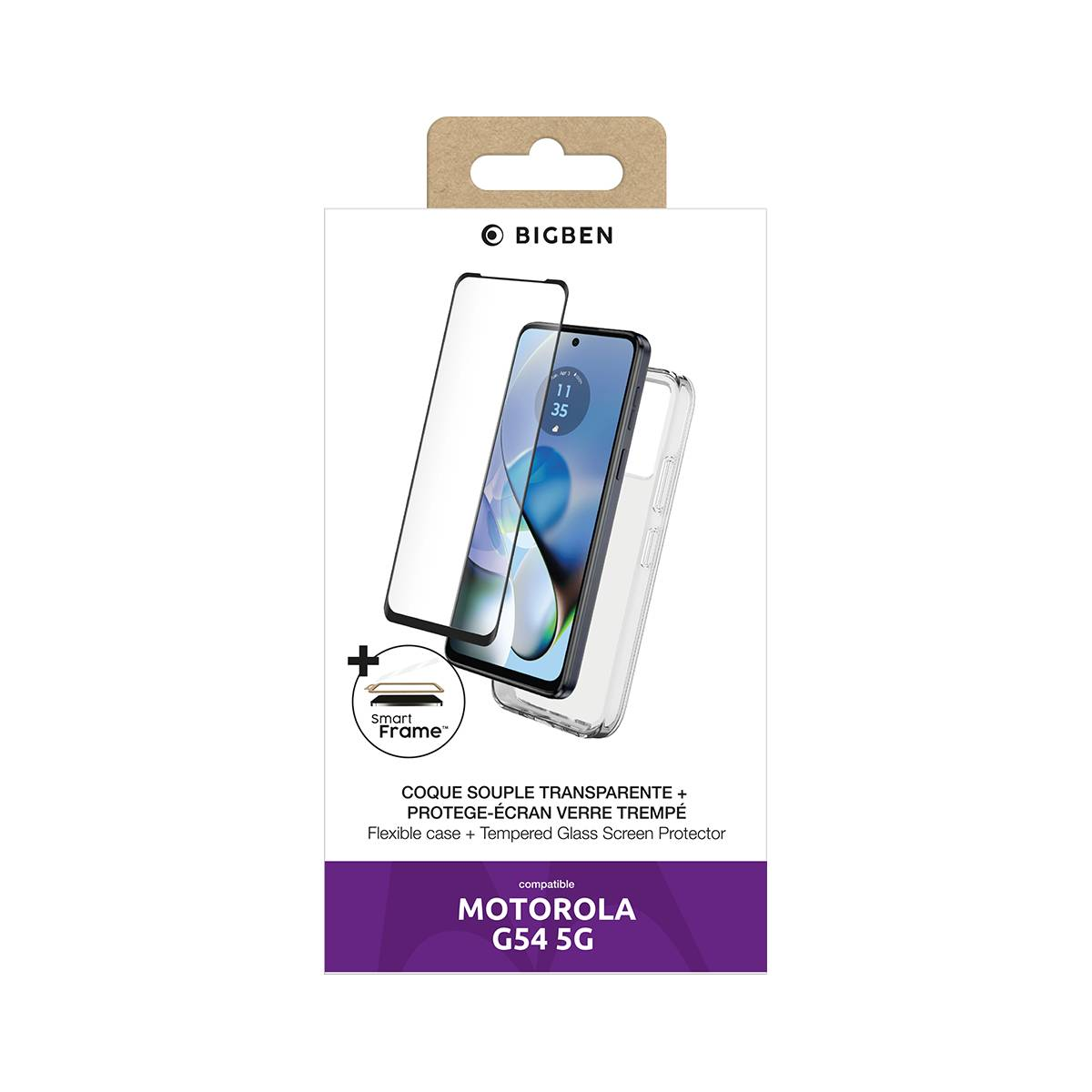 Verpackung für Handyhülle. Klare Hülle und Displayschutzfolie mit Text für Motorola G54 5G. Weißer Hintergrund.