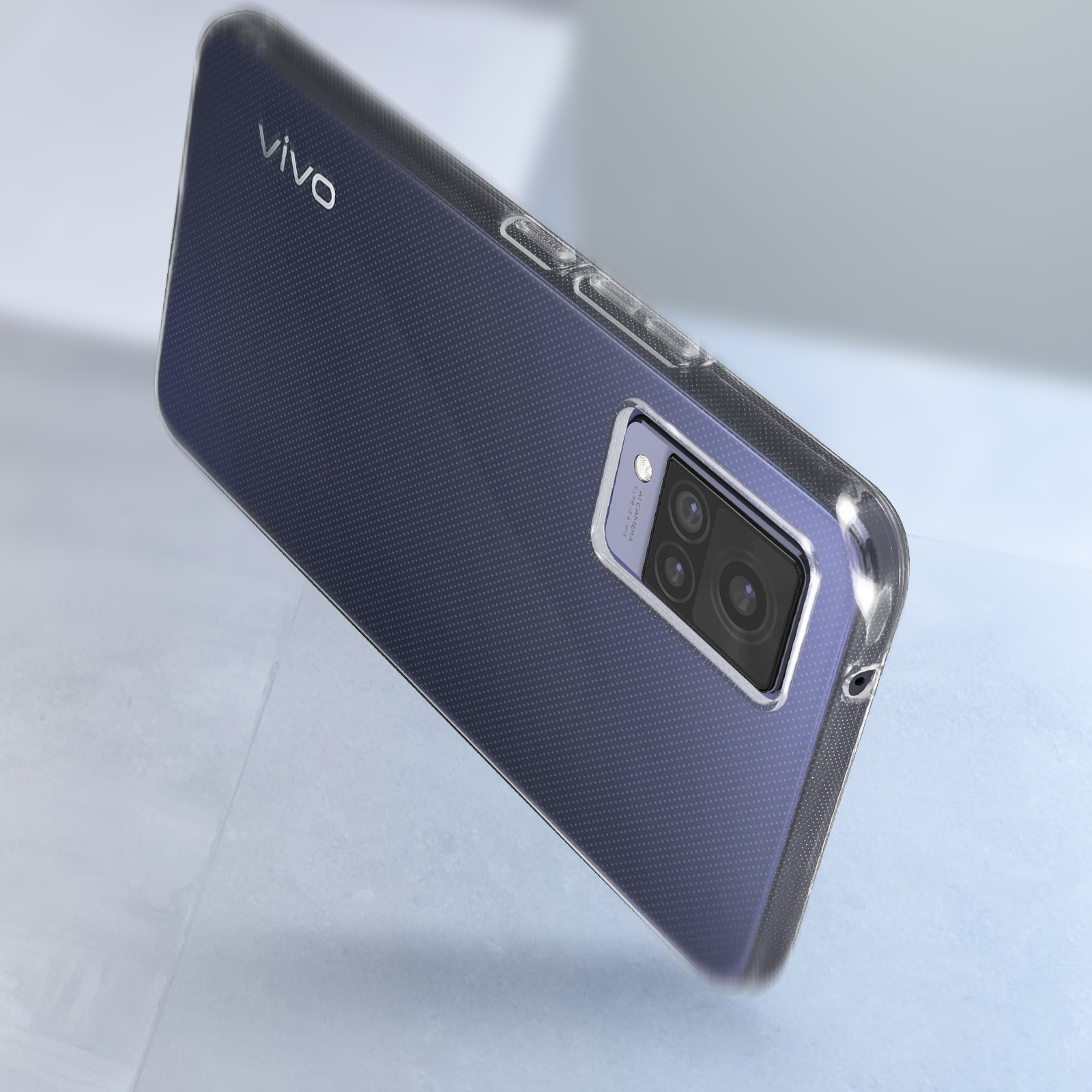 Telefono Vivo con una custodia trasparente, che mostra il retro del telefono con fotocamera e testo.