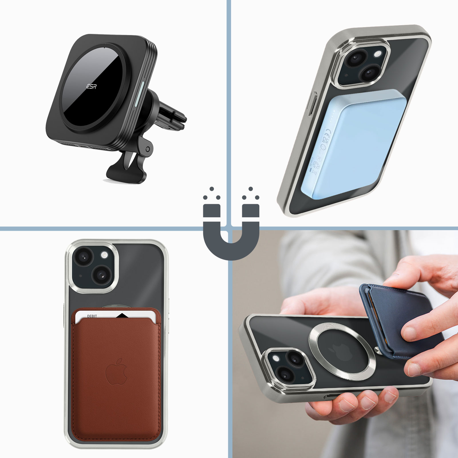 Immagini multiple di accessori per telefoni, tra cui un caricabatterie, un portafoglio e un anello magnetico.