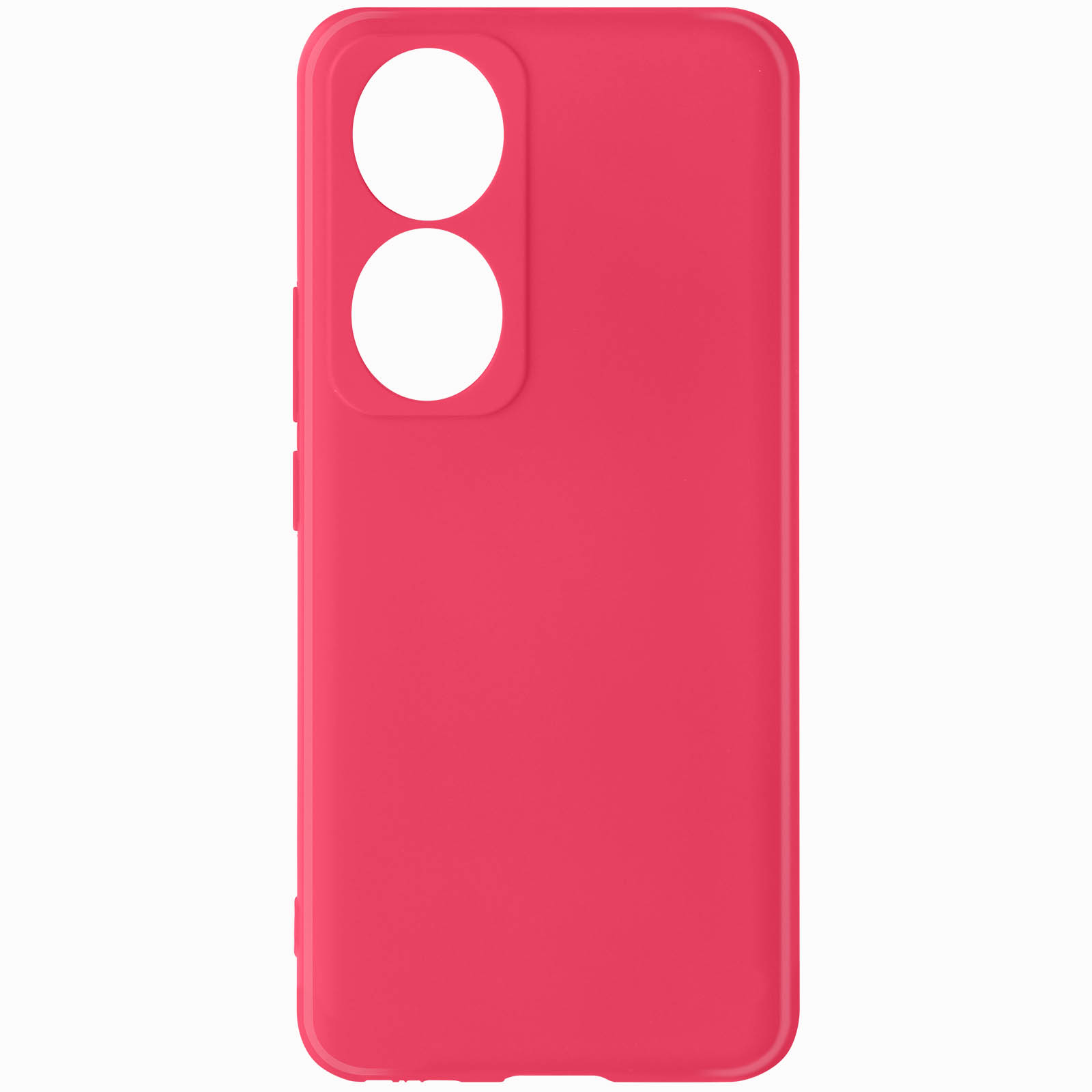 Una custodia per telefono rosa acceso. Ha due fori per la fotocamera e una forma rettangolare.
