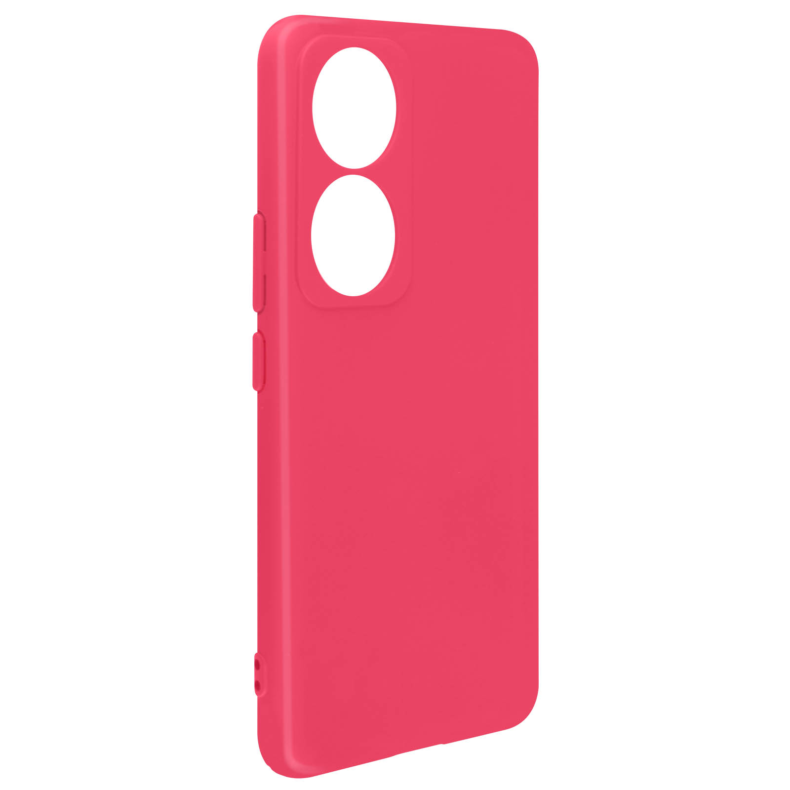Una custodia per telefono rosa acceso con due fori per la fotocamera. Sfondo bianco.
