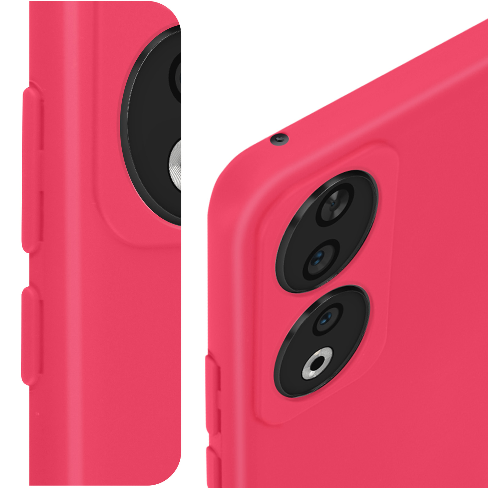Custodia rossa per telefono, primo piano dell'area della fotocamera.