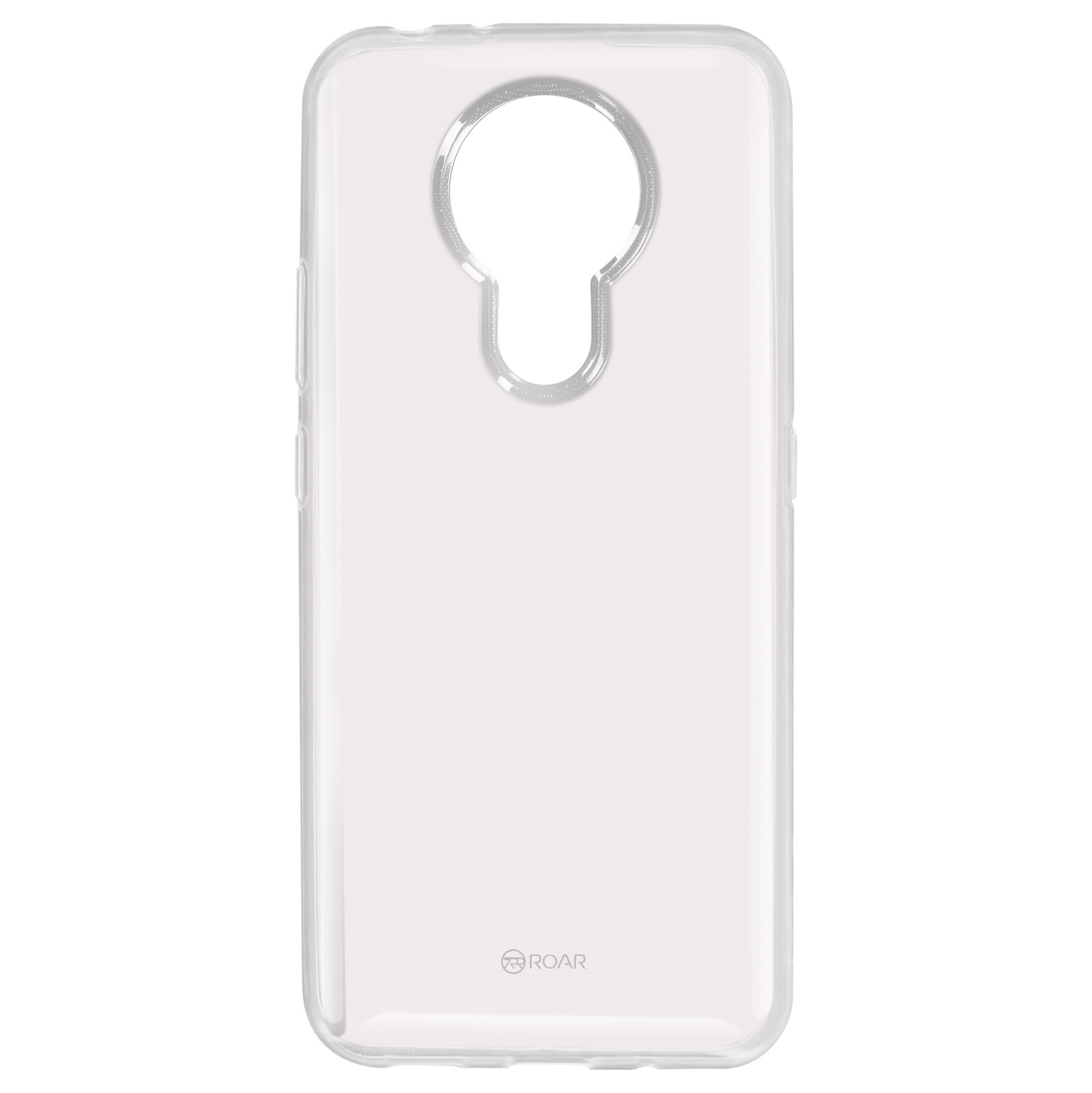 Custodia trasparente per telefono. La custodia è trasparente con un ritaglio per la fotocamera e un logo.