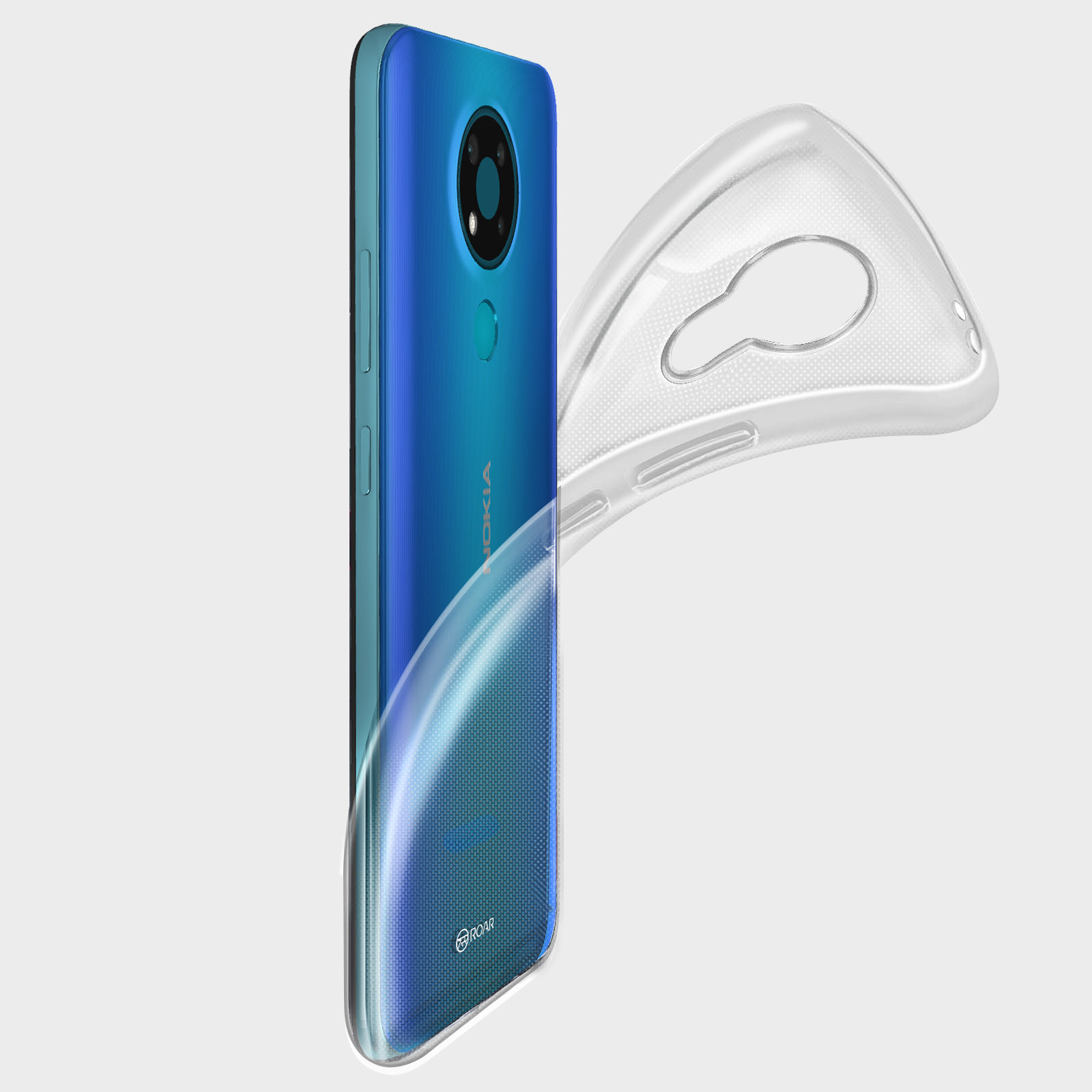 Un telefono Nokia blu e nero con una custodia trasparente in fase di posizionamento. Sfondo bianco.