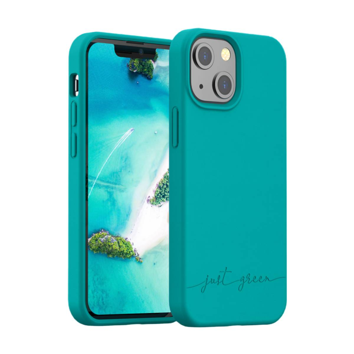 Custodia teal con telefono dentro e firma manoscritta 'just green'.