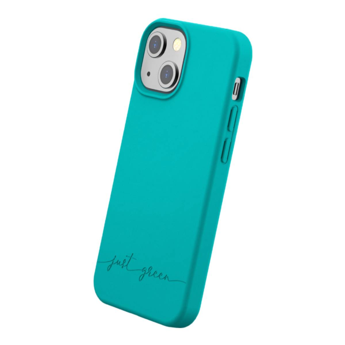 Una custodia per telefono color verde acqua con un telefono all'interno. Le parole "just green" sono sulla custodia.