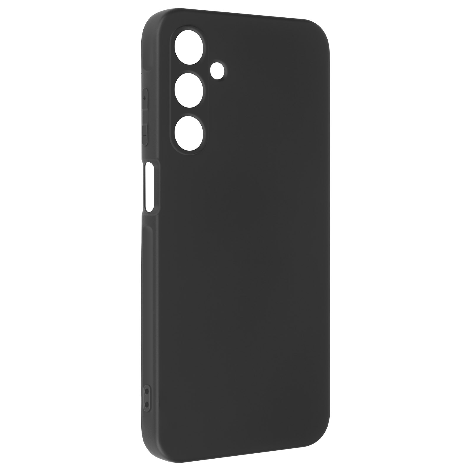 Custodia nera con fori per fotocamera. Pulsanti laterali visibili. Colore nero pieno.
