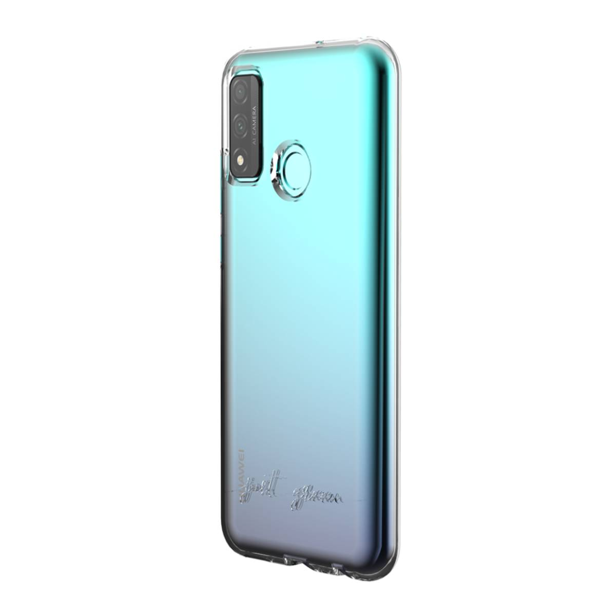 Custodia trasparente con retro sfumato verde acqua e blu, e la scritta 'spell green' sul retro.