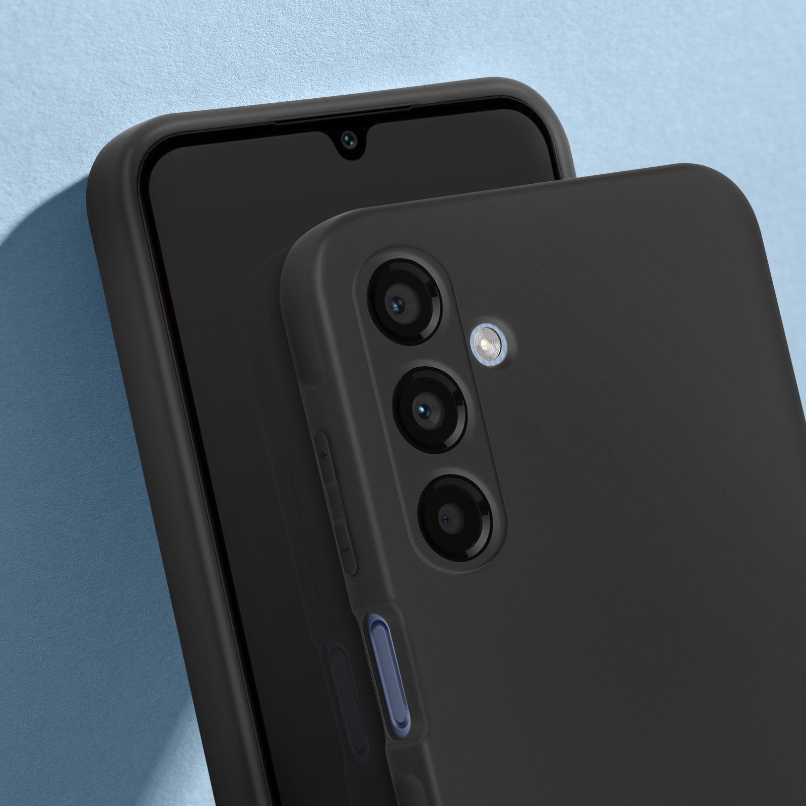Custodia nera per telefono con ritagli per fotocamera. Un'altra custodia è visibile sullo sfondo.