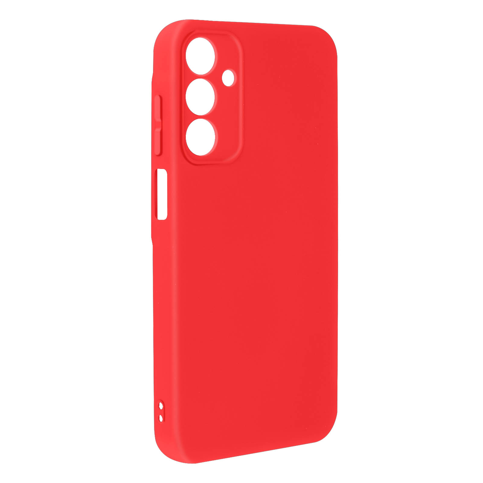 Custodia rossa per telefono. Ha ritagli per fotocamera e pulsanti laterali.