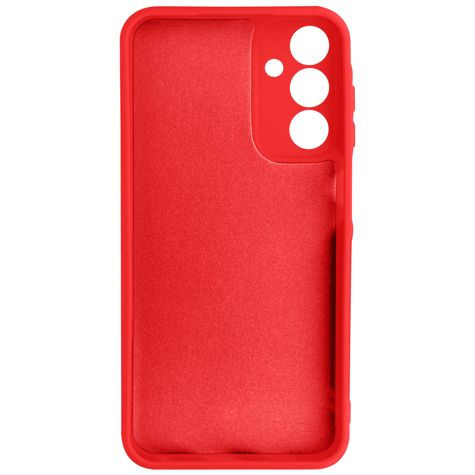 Custodia per telefono rossa, vista posteriore, con fori per fotocamera e pulsanti laterali.